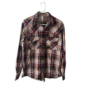Workn Sport Plaid Long Sleeve Button Up Shirt Men's L Western Pearl Snap Rodeo